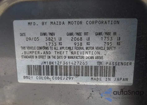 2006 Mazda Mazda3 I из США, поврежденный, VIN JM1BK12F361427265